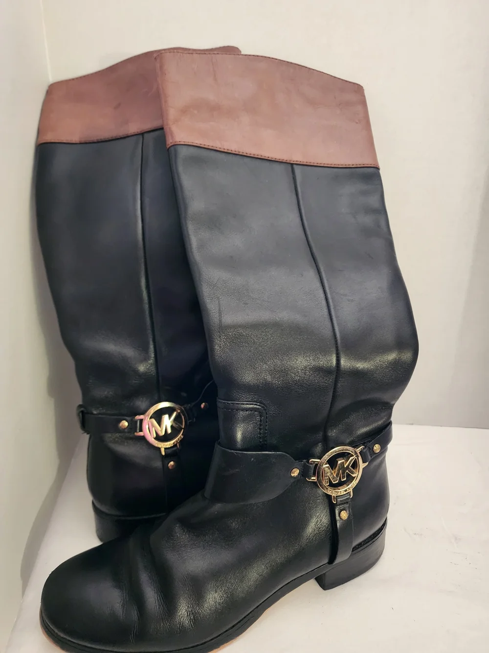 MICHAEL Michael Kors Black Leather Over-the-Knee Boots with Brown Cuff